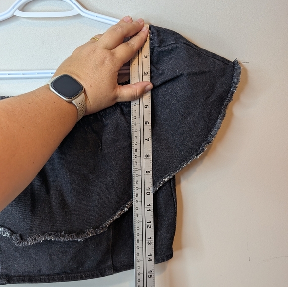 American Eagle Black Denim Fringe Cropped Top Off Shoulder Women's Medium - Picture 5 of 6